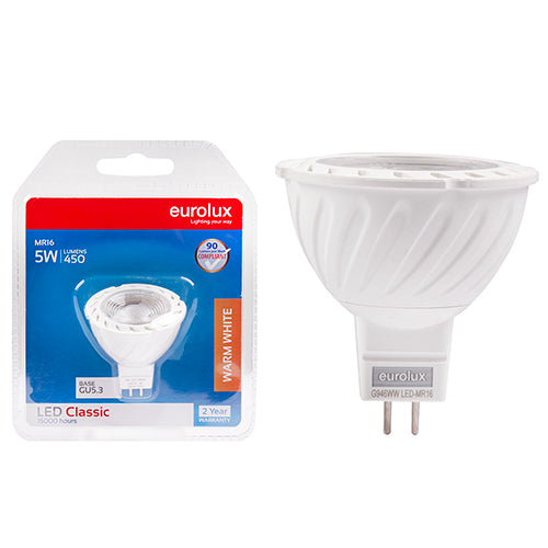 Eurolux MR16 Premium Clear Lens 5W LED Lamp – GU5.3, 3000K Warm White