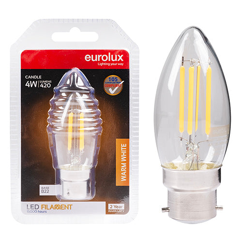 Eurolux Candle Filament 4W LED Bulb – B22 Bayonet, 3000K Warm White