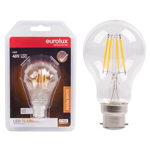 Eurolux A60 Filament Clear 4W LED Bulb – B22 Bayonet, 3000K Warm White