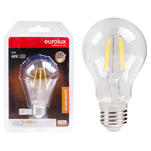 Eurolux A60 Filament Clear 4W LED Bulb – E27 Screw, 3000K Warm White