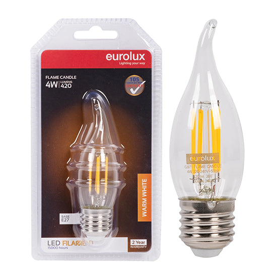 Eurolux Candle Filament Flame 4W LED Bulb – E27 Screw, 3000K Warm White