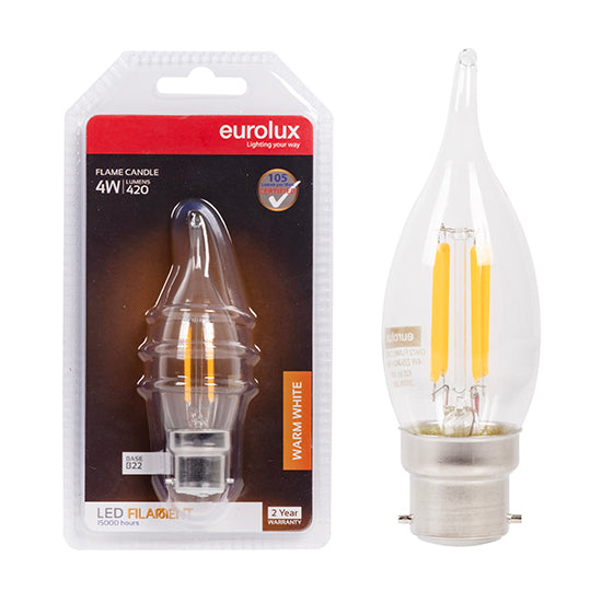 Eurolux Candle Filament Flame 4W LED Bulb – B22 Bayonet, 3000K Warm White