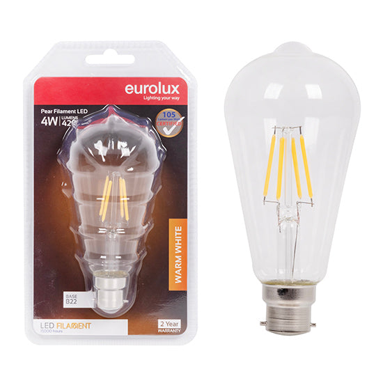 Eurolux Pear Shaped Filament 4W LED Bulb – B22 Bayonet, 3000K Warm White