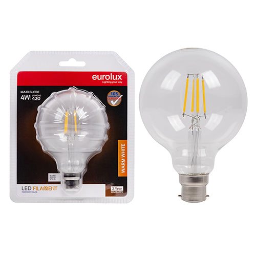 Eurolux Maxi Globe Filament 4W LED Bulb – B22 Bayonet, 3000K Warm White