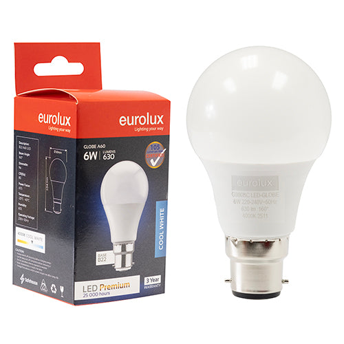 Eurolux A60 Premium 6W LED Bulb – B22 Bayonet, 4000K Cool White