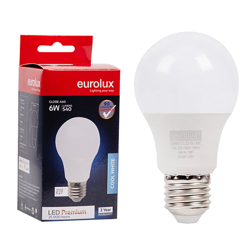 Eurolux A60 Premium 6W LED Bulb – E27 Screw, 4000K Cool White