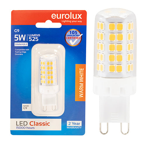 Eurolux Bi-Pin Classic 5W Dimmable LED Lamp – G9, 3000K Warm White
