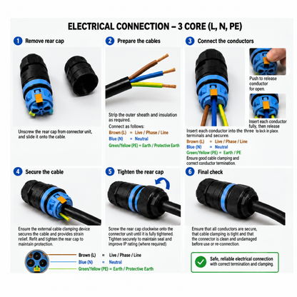 Installation guide for MCE quick cable connector showing 3 core L, N, PE wiring in 6 steps