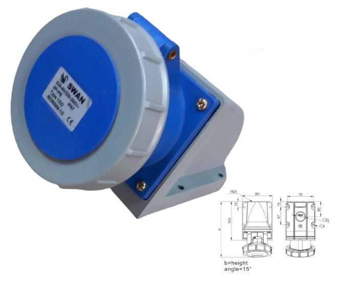 Swan Electric 59mm-84mm Industrial Socket 16A-125A +E 3P IP67 220V-250V-380V