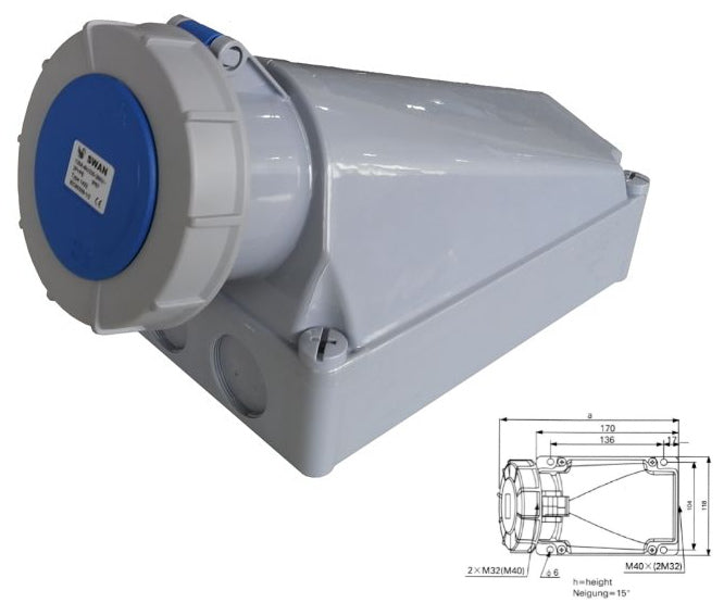 Swan Electric 59mm-84mm Industrial Socket 16A-125A +E 3P IP67 220V-250V-380V