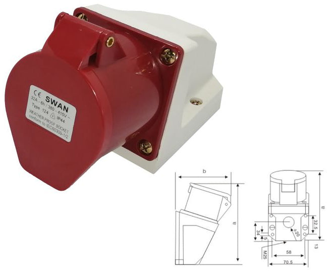Swan Electric 46mm Industrial Socket 16A-32A +E IP44 220V-250V-380V
