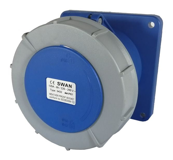 Swan Electric Socket Panel Straight 63A-125A 2P E 220V IP67