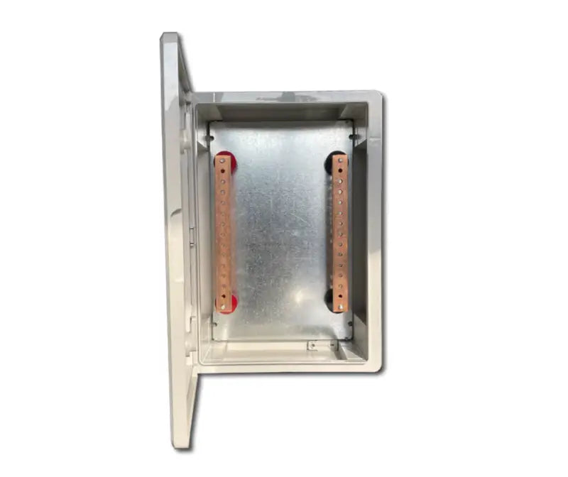 MCE IP65 busbar enclosure with busbar and red and black insulators