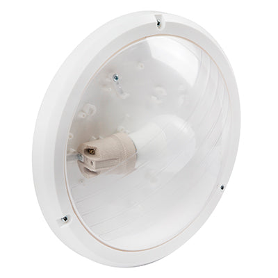 Radiant Eco round bulkhead light with clear shade and white body