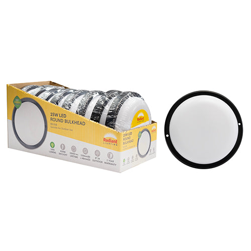 Radiant black round LED bulkhead light 15W 6500K IP54