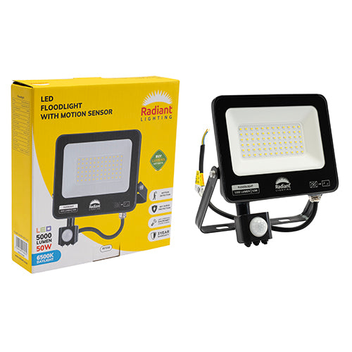 Radiant 50W LED floodlight with motion sensor, black, IP65