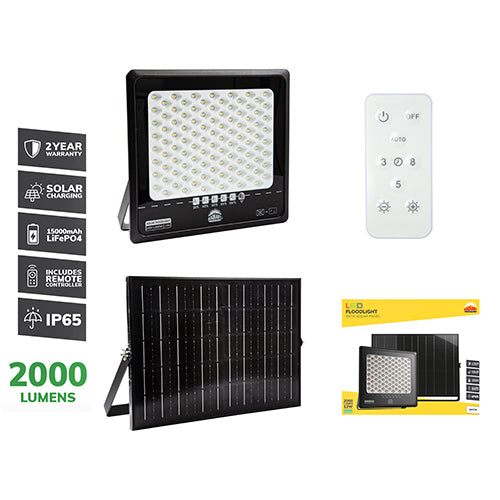 Radiant 2000lm solar LED floodlight with remote, black, IP65