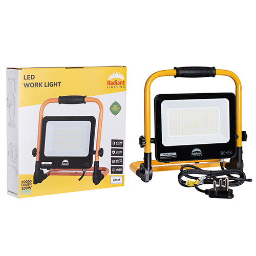 Radiant 100W LED work light, black and yellow, IP65, 6500K