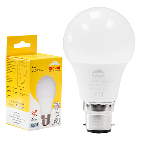 Radiant A60 6W LED Bulb – B22 Bayonet, 4000K Cool White