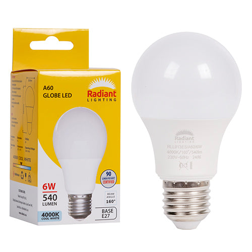 Radiant A60 6W LED Bulb – E27 Screw, 4000K Cool White