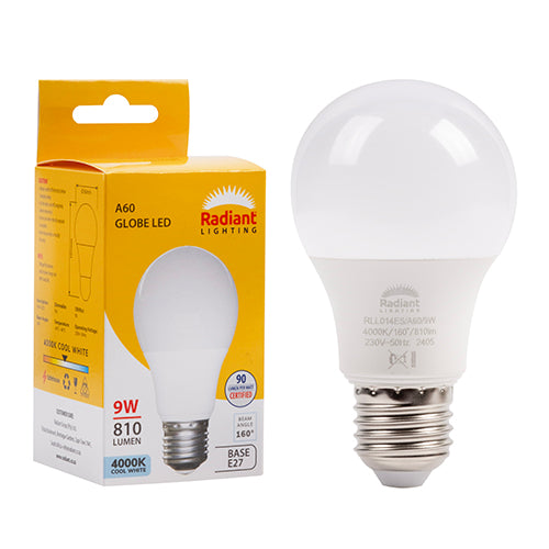 Radiant A60 9W LED Bulb – E27 Screw, 4000K Cool White