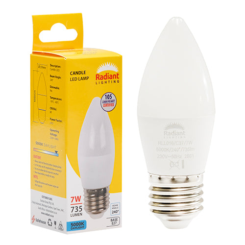 Radiant Candle Frosted 7W LED Bulb – E27 Screw, 5000K Daylight