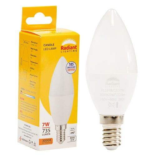 Radiant Candle Frosted 7W LED Bulb – E14 Small Screw, 3000K Warm White