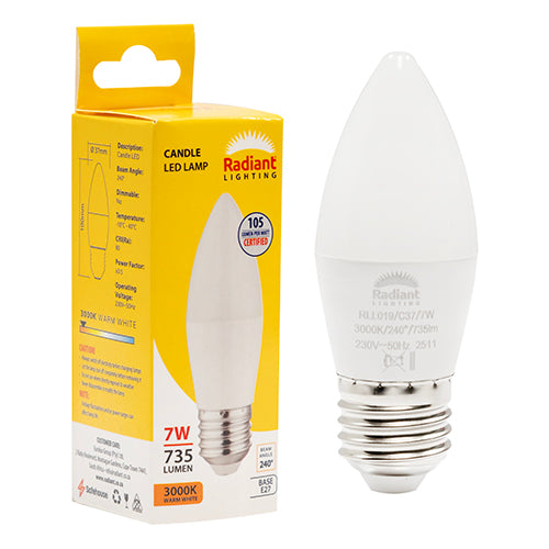 Radiant Candle Frosted 7W LED Bulb – E27 Screw, 3000K Warm White