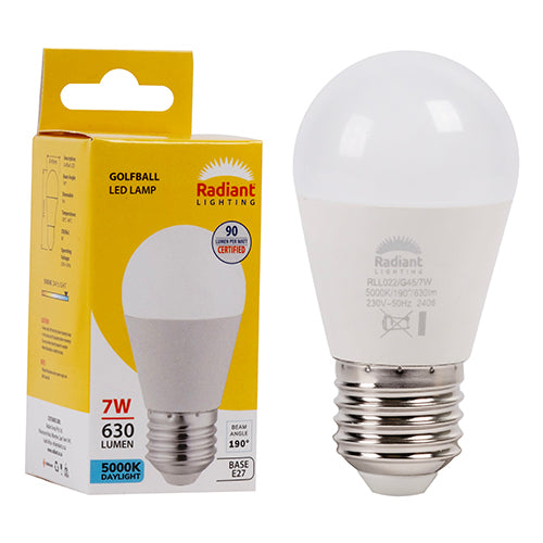 Radiant Golfball Frosted 7W LED Bulb – E27 Screw, 5000K Daylight