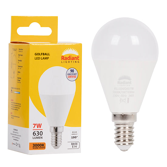 Radiant Golfball Frosted 7W LED Bulb – E14 Small Screw, 3000K Warm White