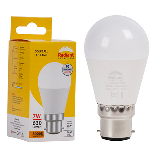 Radiant Golfball Frosted 7W LED Bulb – B22 Bayonet, 3000K Warm White