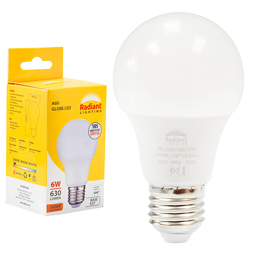 Radiant A60 6W LED Bulb – E27 Screw, 3000K Warm White