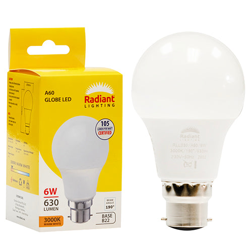 Radiant A60 6W LED Bulb – B22 Bayonet, 3000K Warm White