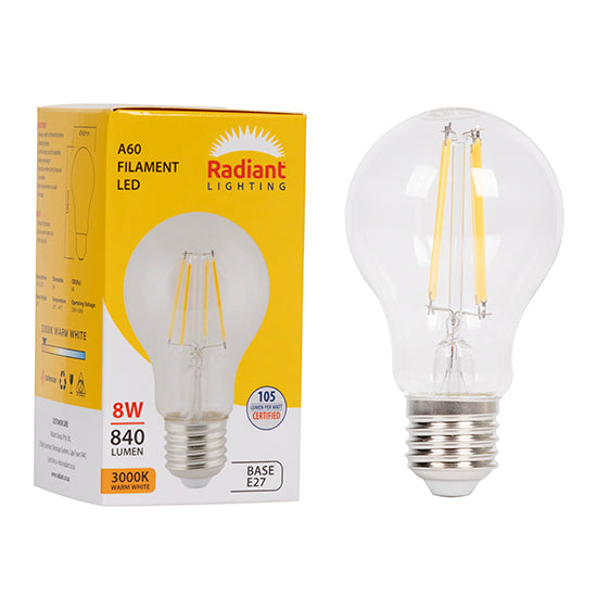 Radiant A60 Filament Clear 8W LED Bulb – E27 Screw, 3000K Warm White