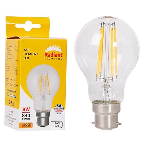 Radiant A60 Filament Clear 8W LED Bulb – B22 Bayonet, 3000K Warm White