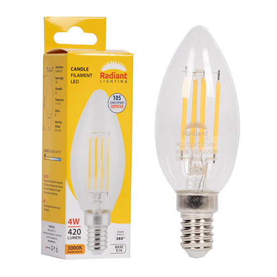 Radiant Candle Filament Clear 4W LED Bulb – E14 Small Screw, 3000K Warm White