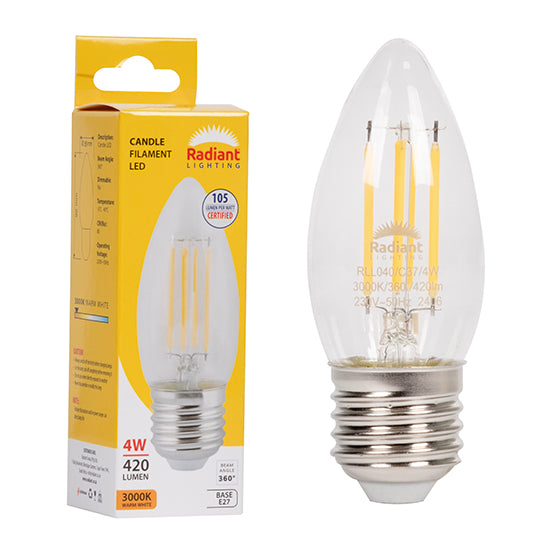 Radiant Candle Filament Clear 4W LED Bulb – E27 Screw, 3000K Warm White