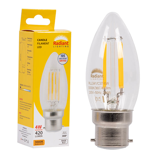 Radiant Candle Filament Clear 4W LED Bulb – B22 Bayonet, 3000K Warm White