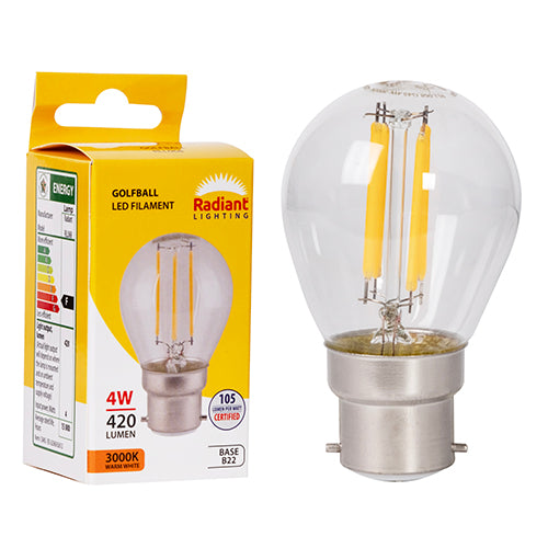 Radiant Golfball Filament Clear 4W LED Bulb – B22 Bayonet, 3000K Warm White