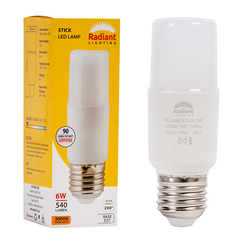 Radiant Stick Lamp Frosted T36 6W LED Bulb – E27 Screw, 3000K Warm White