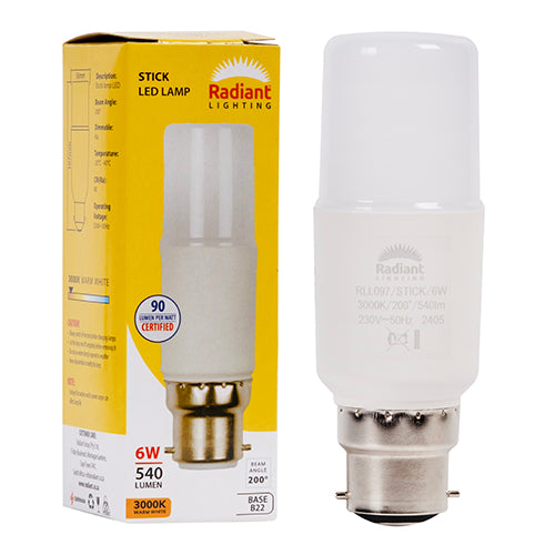 Radiant Stick Lamp Frosted T36 6W LED Bulb – B22 Bayonet, 3000K Warm White