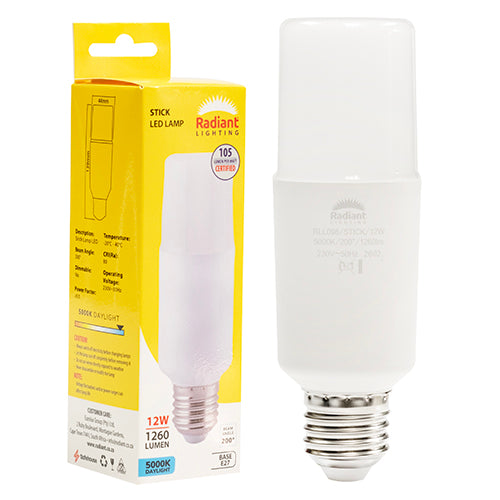 Radiant Stick Lamp Frosted T44 12W LED Bulb – E27 Screw, 5000K Daylight