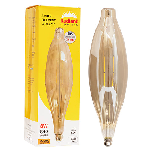 Radiant Large Decorative Filament Amber 8W LED Bulb – 117 x 420mm, 2700K Warm White