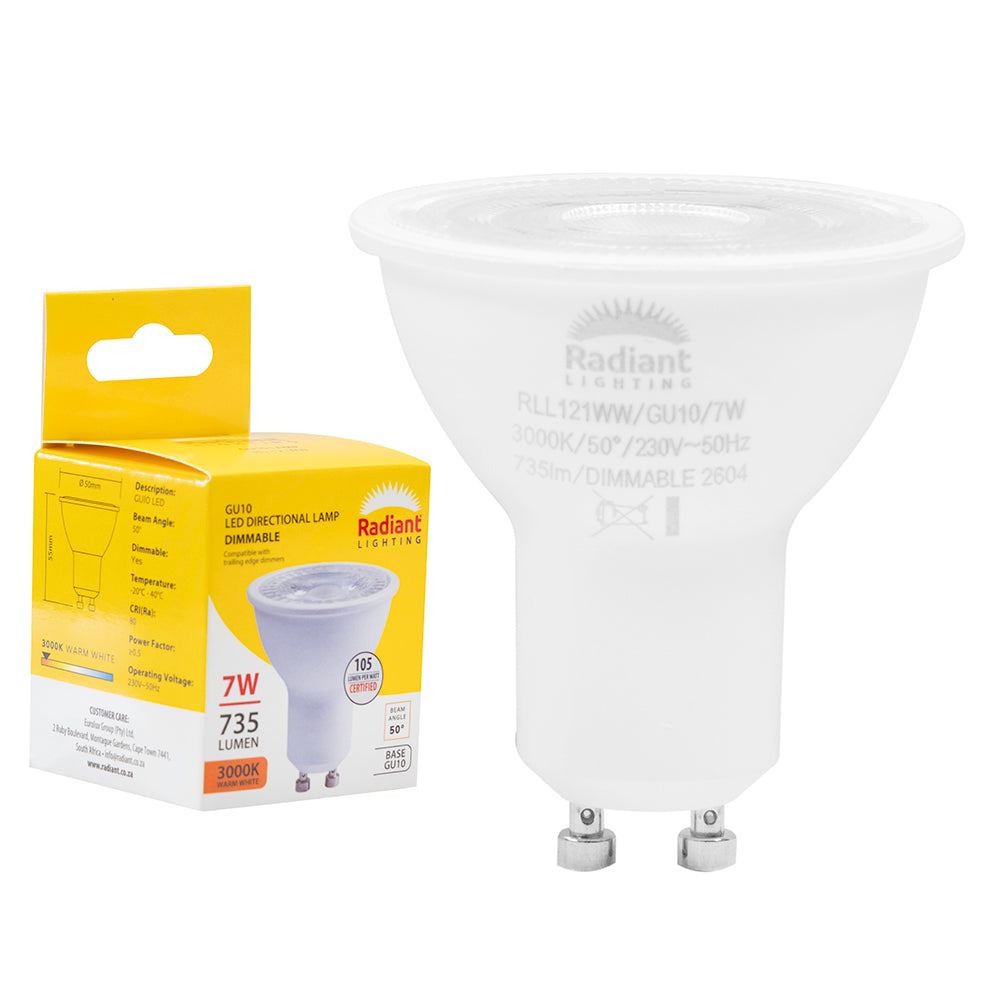 Radiant GU10 Clear Lens 7W Dimmable LED Lamp – GU10, 3000K Warm White