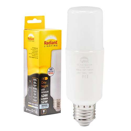 Radiant Stick Lamp T44 Day/Night Sensor 12W LED Bulb – E27 Screw, 4000K Cool White