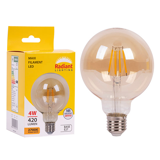 Radiant Maxi Globe G95 Filament Amber 4W LED Bulb – E27 Screw, 2700K Warm White
