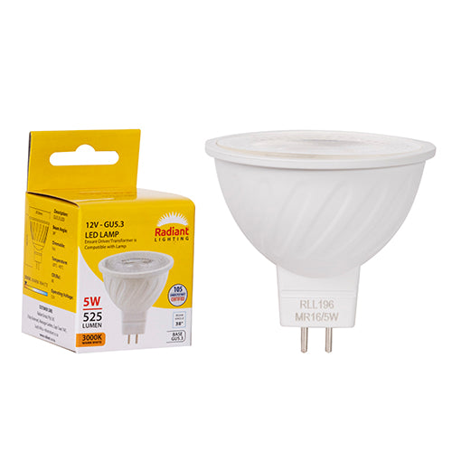 Radiant MR16 Frosted Lens 5W LED Lamp – GU5.3, 3000K Warm White