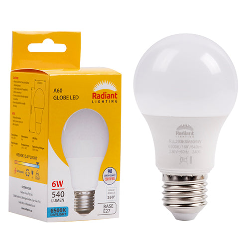 Radiant A60 6W LED Bulb – E27 Screw, 6500K Cool Daylight