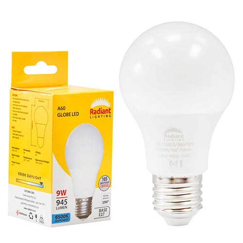 Radiant A60 9W LED Bulb – E27 Screw, 6500K Cool Daylight