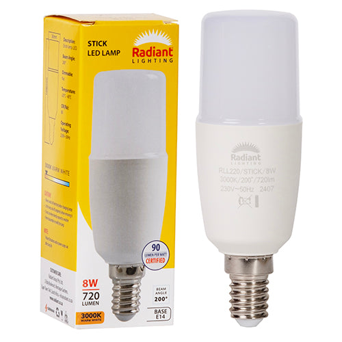 Radiant Stick Lamp T36 8W LED Bulb – E14 Small Screw, 3000K Warm White